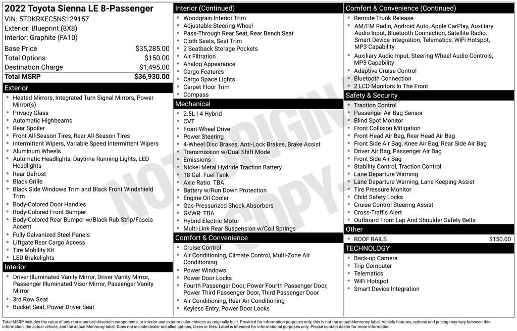 2022 Toyota Sienna LE 8 Passenger